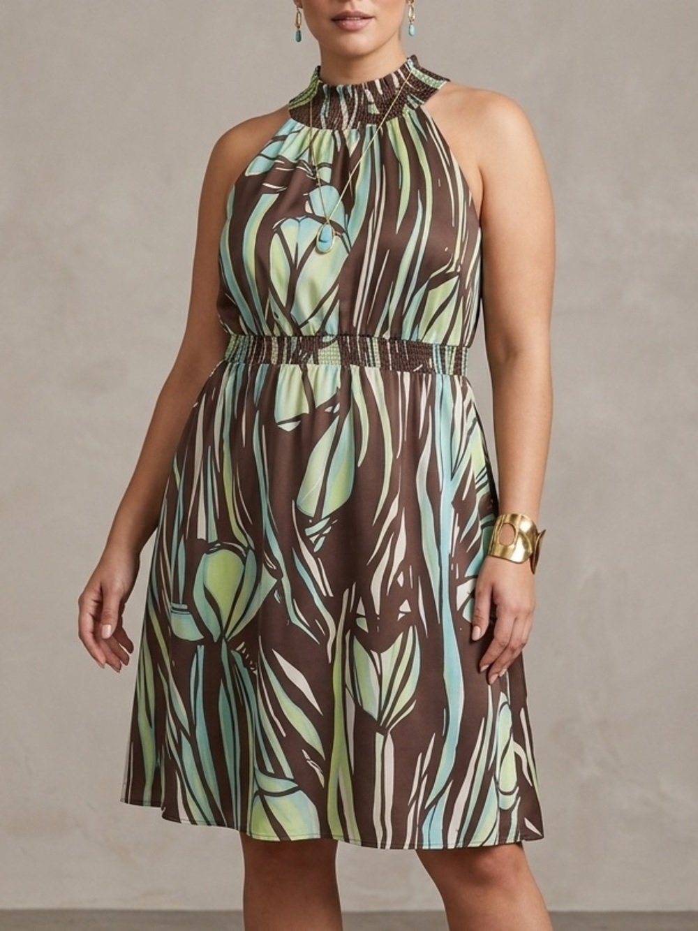 Lane Bryant Womens Brown Turquoise Abstract Floral Smocked Halter Dress 14/16